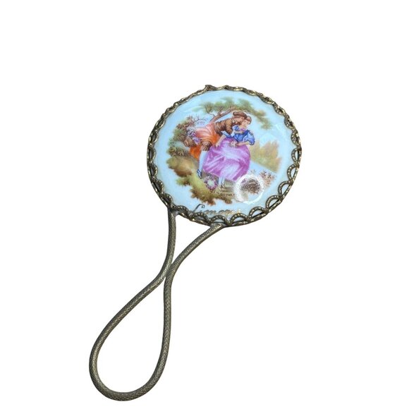 Vintage French Style Hand Mirror With Porcelain Back & Ornate Brass Trim - Picture 1 of 16